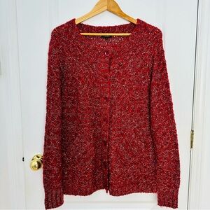 YUKA Red Knit Cardigan Sweater Metallic Yarn Button Front Size T2